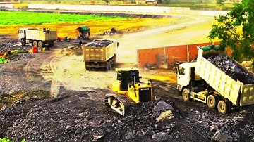 New Project Dump Truck Moving Land filling Nearby Highway Road Pours Soil Bulldozer Pushing  EP151