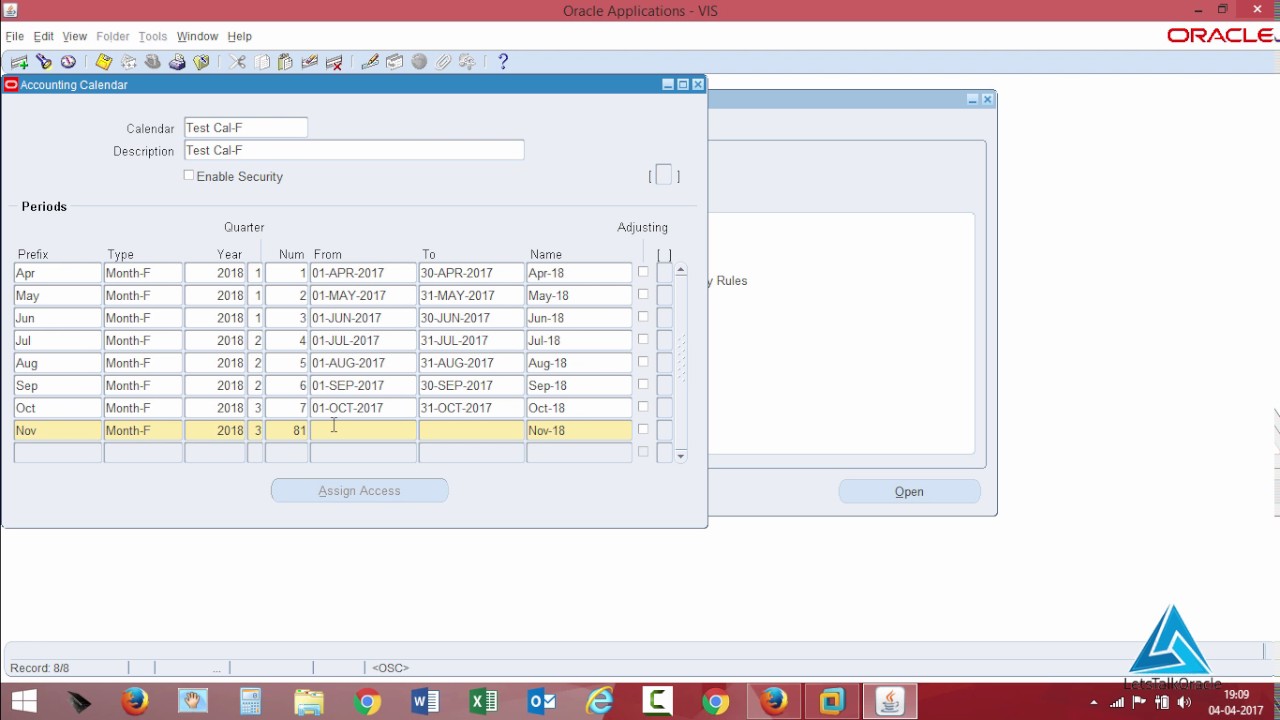 Creation of an Accounting Calendar with year type Fiscal in Oracle