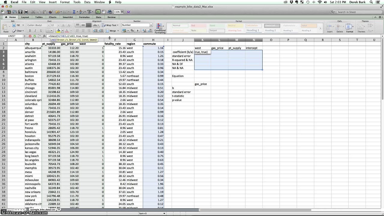 Mac only: Question 3, Parts a & e, Multiple Regression