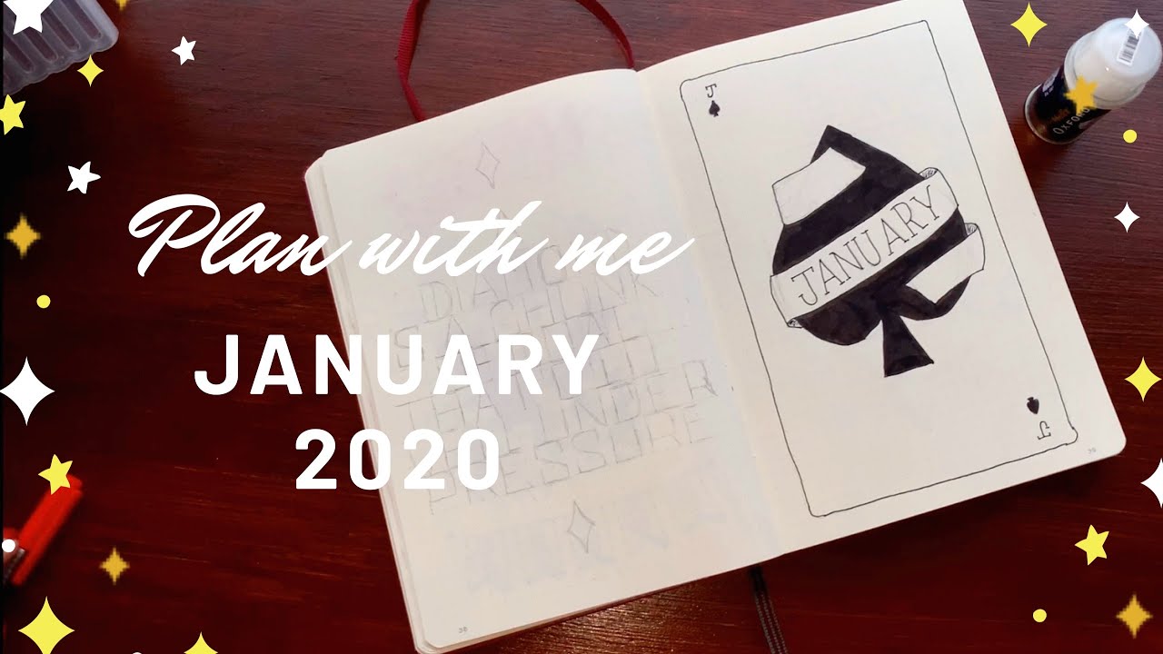 Plan with me January 2020 | BULLET JOURNAL playing card theme. Black and white simple layout.