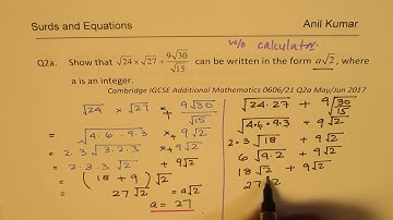 Simplify Radical Expression and Solve Radical Equation IGCSE Q2 Additional Mathematics 2017
