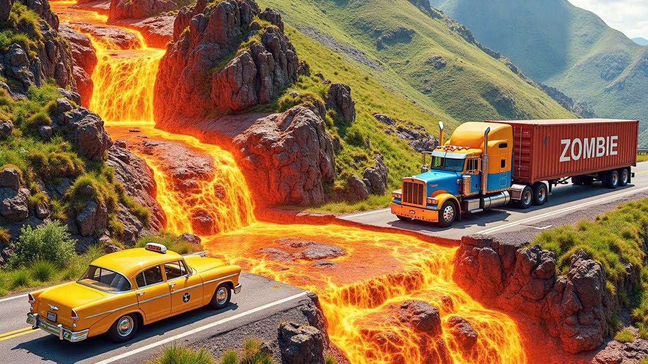 Cars vs Lava Crosses Road Challenge #2 in BeamNG Drive!