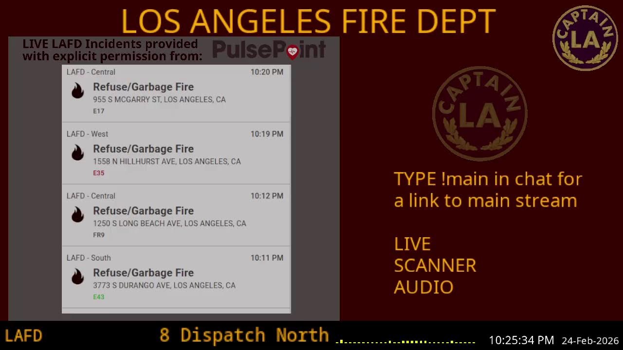LAFD - *LIVE* Los Angeles Fire Department SCANNER Radio // FIRE & EMS // 24-Feb-2026 // LA CAPTAIN