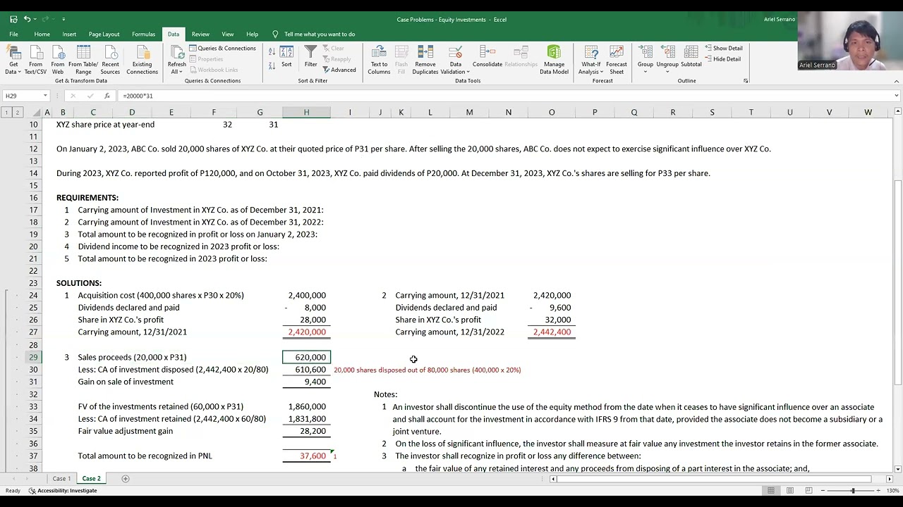 Case Problem | Equity Investments | Change from Equity Method to Fair Value Method