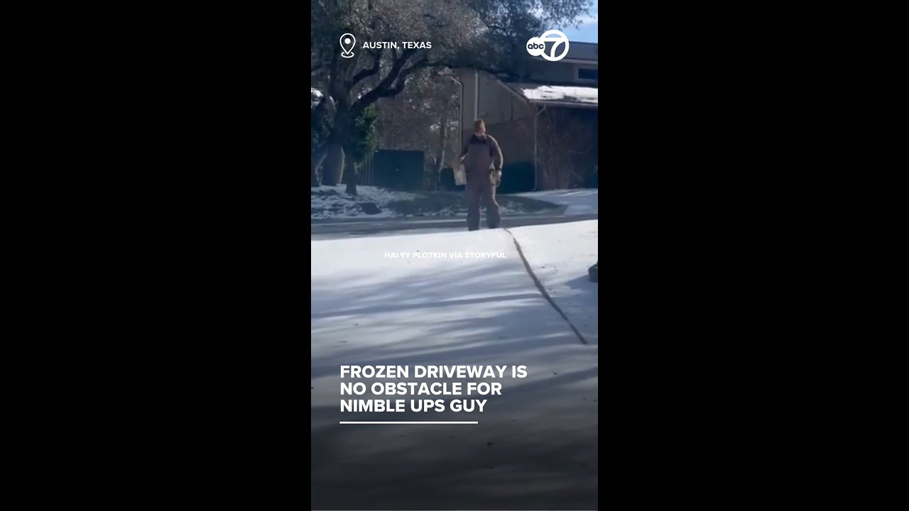 Frozen driveway is no obstacle for nimble UPS guy