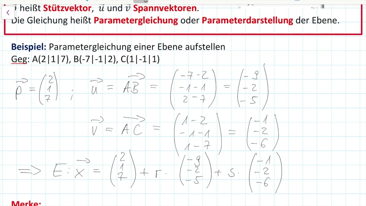 Parameterform Einer Ebene SGBS Parameterform einer Ebene mit 3 Punkten aufstellen und Pu nktprobe