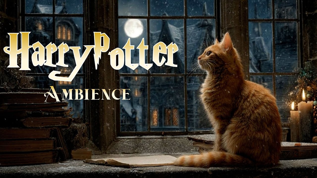 This Little Cat Guards the Magic of Hogwarts ❄️🐱 Cozy Night Ambience