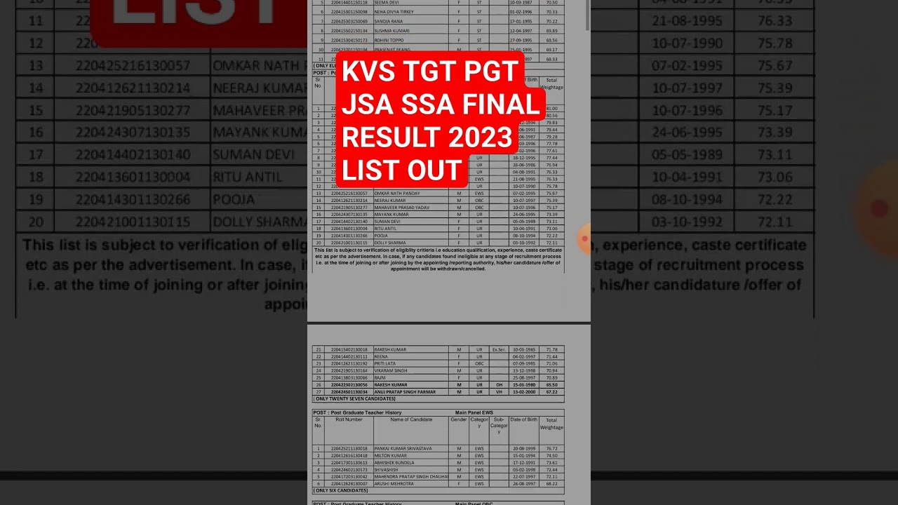 KVS PGT TGT JSA SSA RESULT OUT 2023 , KVS FINAL CUT OFF OF JSA SSA TGT PGT 2023💯💯💯💯