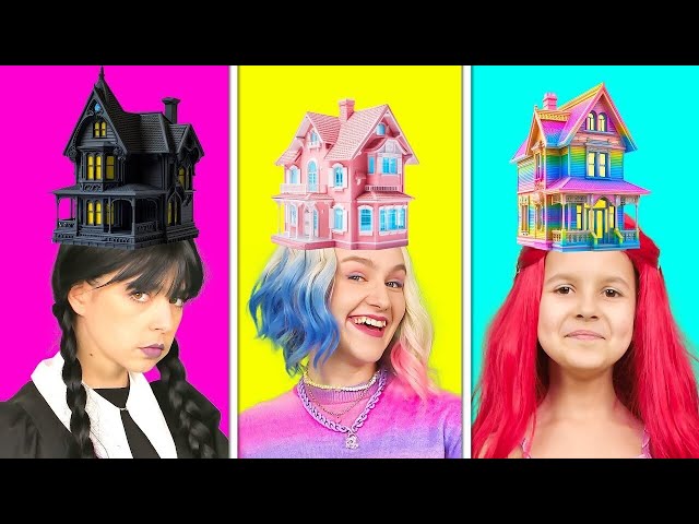 Wednesday vs Enid vs Mermaid - One Colored House Challenge! Funny Relatable Situations class=