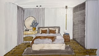 Manual Rendering- Interior bedroom sketch using markers