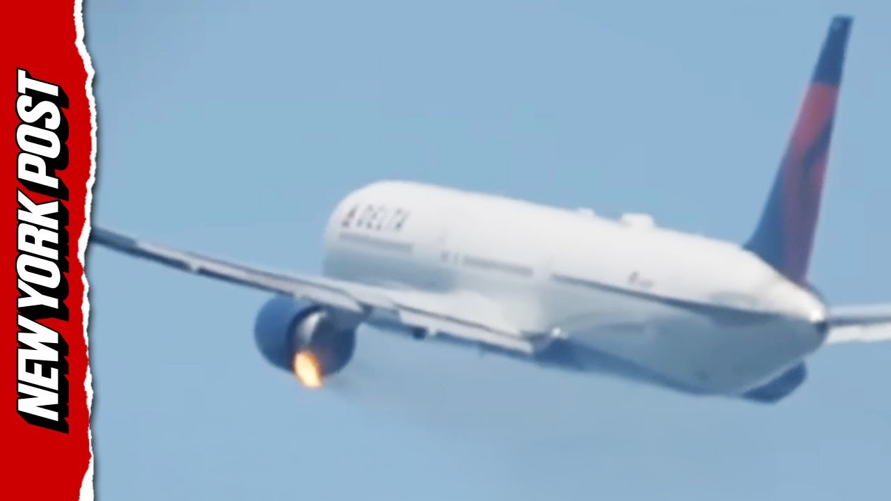 Delta plane makes emergency landing after engine bursts into FLAMES
