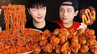 SUB) Buldak Spicy Noodles & Crispy BBQ Chicken MUKBANG ASMR with a friend whom I've cut ties with