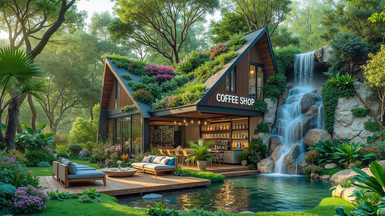 Quiet Outdoor Coffee Shop Cabin Jazz in the Forest🌿Smooth Jazz & Soft Nature Ambience for Relaxation