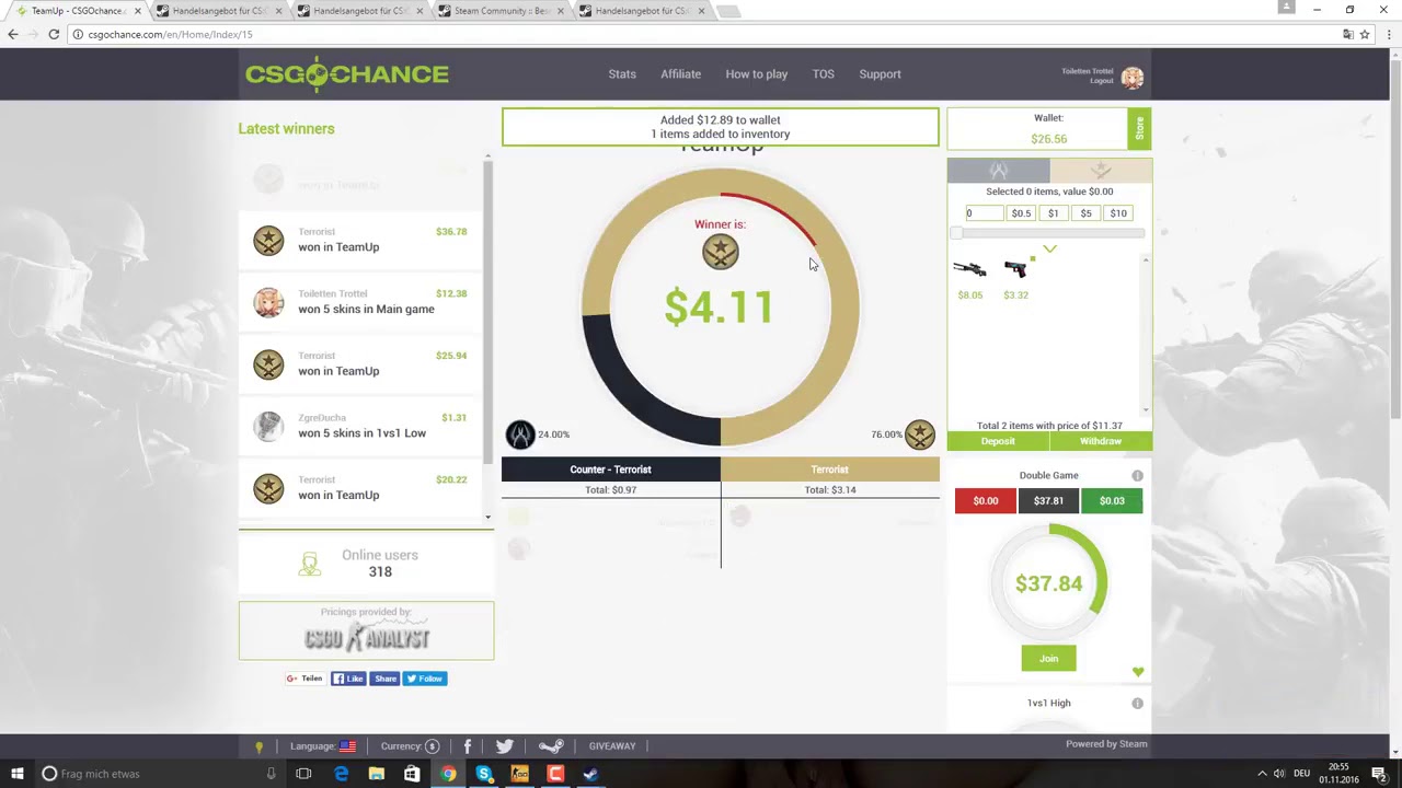 GAMBLING ON CSGOCHANCE COM! FREE 0,5€ 2017 GAMBLING SITE WITH FRIEND REFF FREE MONEY EASY CSGO