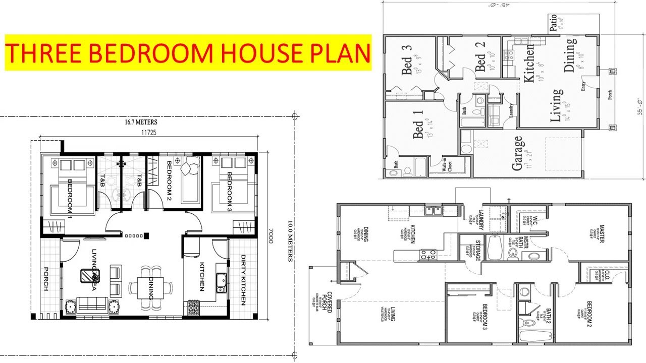 Three bedroom house plan| Your dream house| Architectural drawings ...