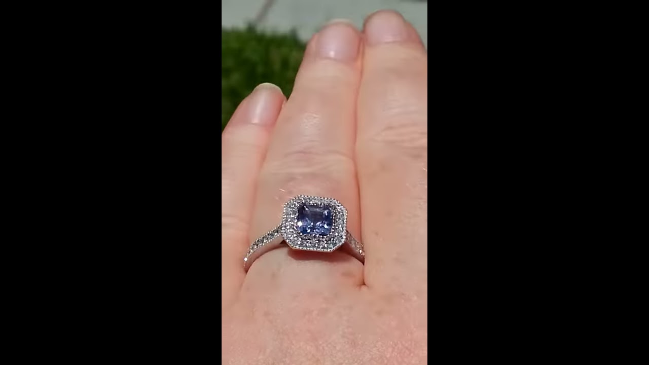 Asscher Violet Sapphire In White Gold Milgrain Bezel Diamond Halo Engagement Ring