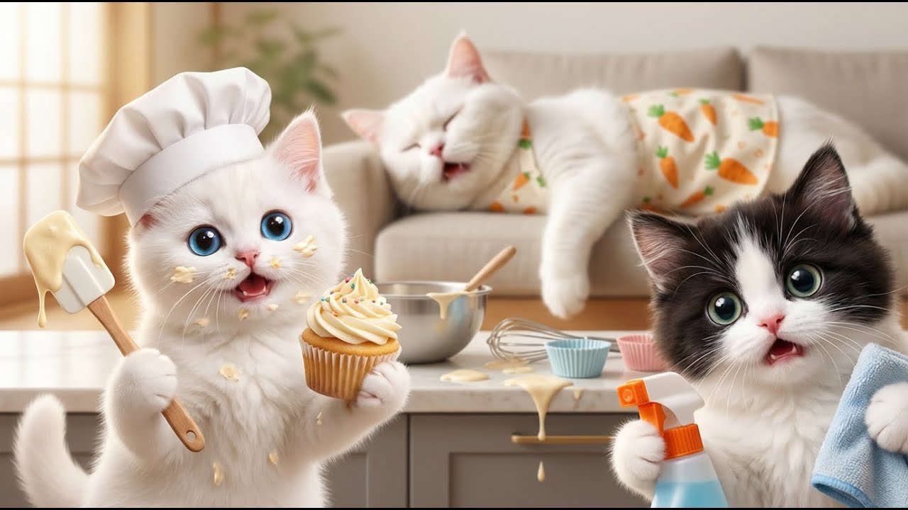 Mama Cat Was Exhausted...Yuki & Kuro Cleaned the House 🫧 and Made a sweet Surprise🧁! 