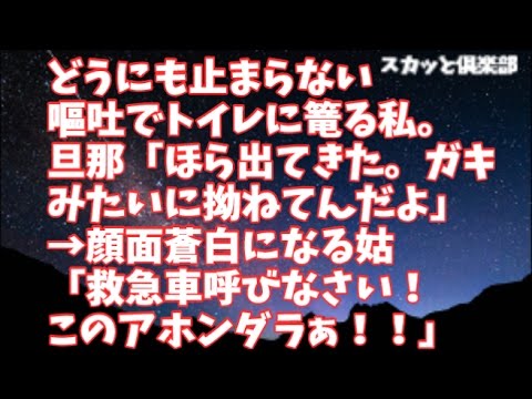 【修羅場】止まらない嘔吐でトイレに篭る私。旦那「ほら出てきた。ガキみたいに拗ねてんだよ」真っ青な姑「救急車呼びなさい！このアホンダラぁ！！」→結果･･･