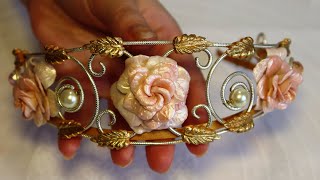 Цветочная тиара с розами из полимерной глины и сусальным золотом. Ободок корона своими руками