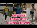 Amputee woman crutches life: adaptive daily activities living independently