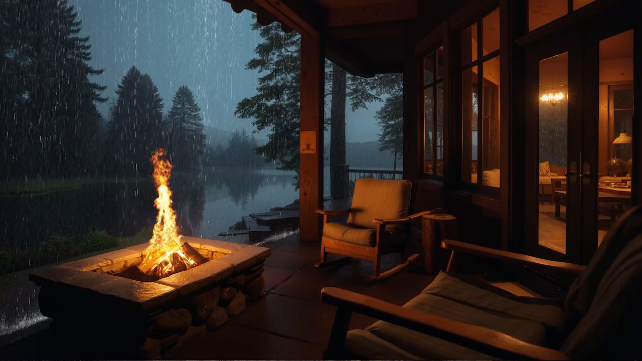Soft Rain on a Peaceful Cabin Porch | Warm Firelight and Nature Sounds to Relax the Mind
