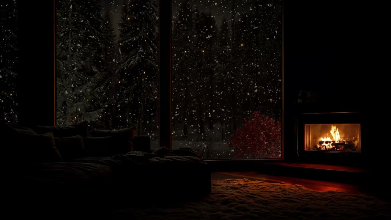 Cozy Cabin at Night with Falling Snow | INSTANT SLEEP 😴🔥 Fireplace Sounds for Anxiety Relief