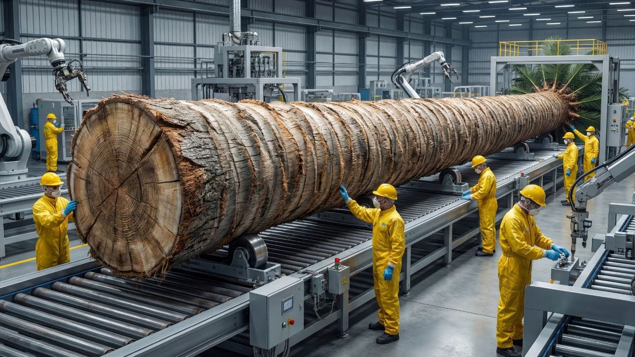 Inside the largest high-tech palm trunk processing plant you've ever seen (The entire process)