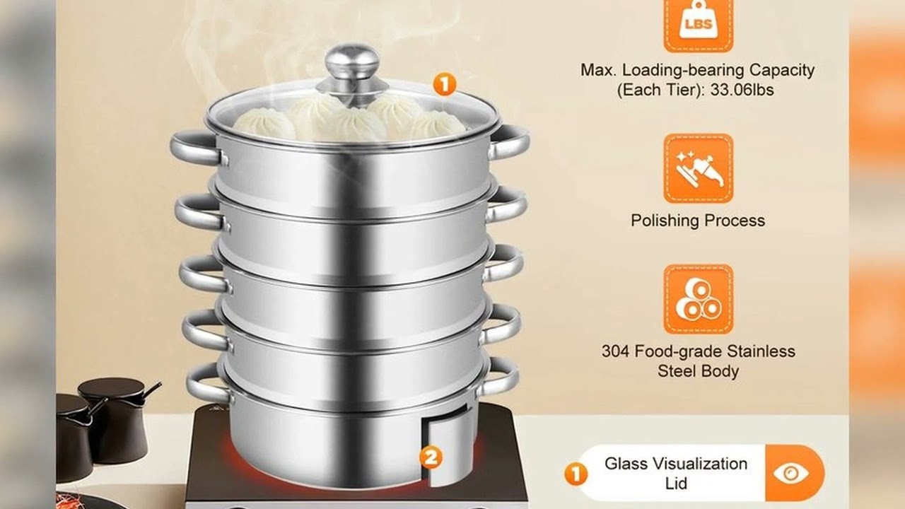 A must-have product! 5-Tier Stainless Steel Food Steamer 26cm Meat Vegetable Steamer Pot Kitchen C