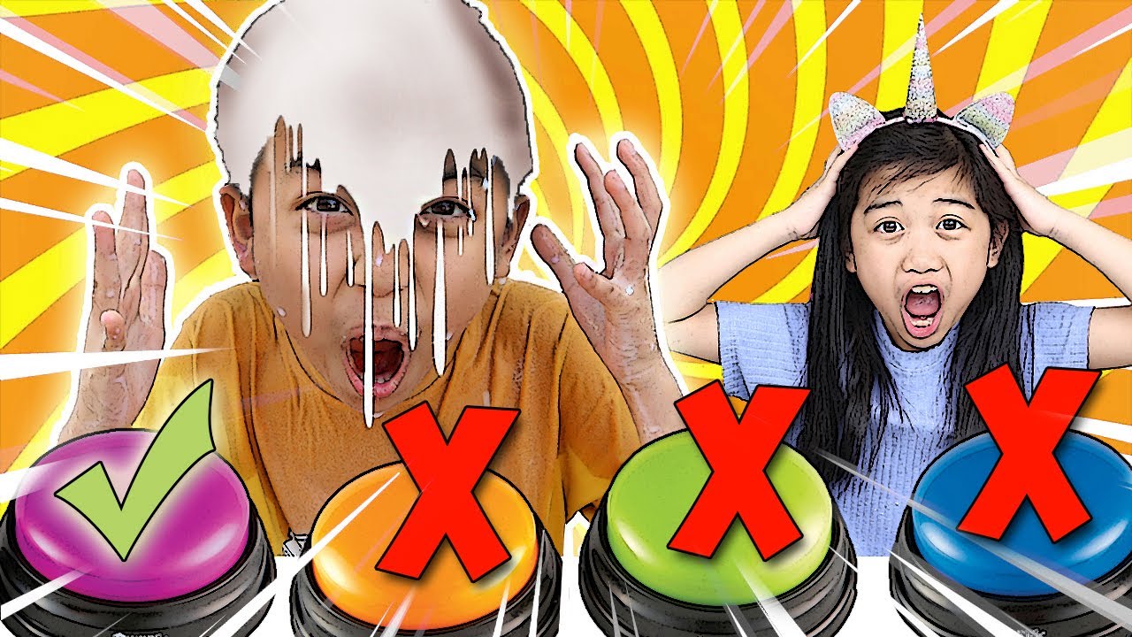 DON'T PUSH THE WRONG BUTTON MYSTERY SLIME BUCKET DUMP CHALLENGE! JK Slime | Fun Kids Video