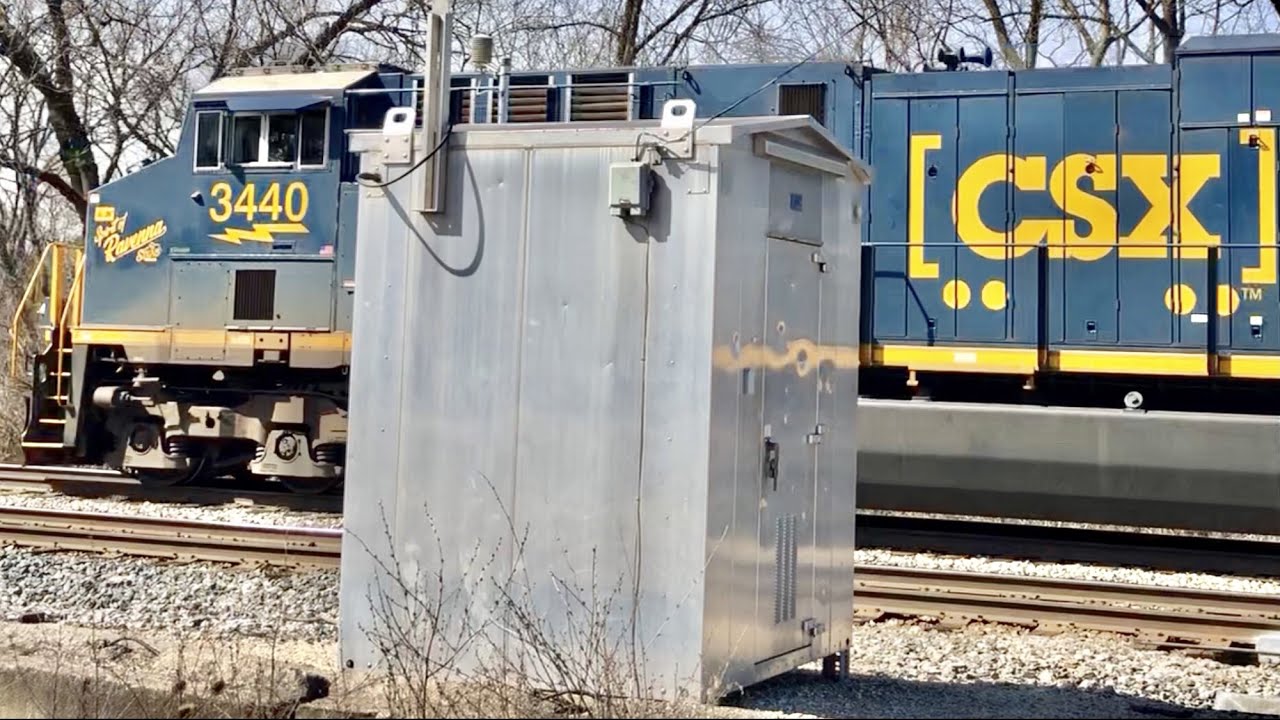 Trains Passing RR Defect Detectors, 3 Track Railroad Crossing, NS
