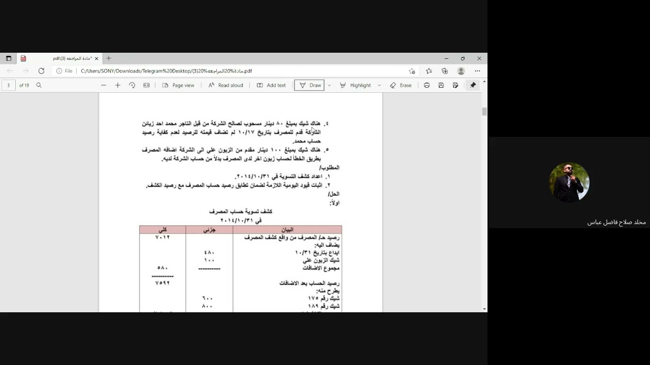 شرح عن كشف المصرف