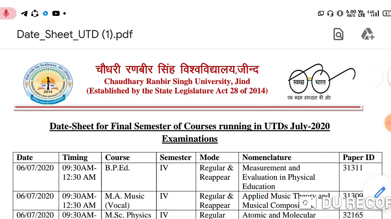 CRSU Jind Final Exams Date Sheet 2020 | Download CRSU Date Sheet 2020 | CRSU Exams Date Sheet 2020