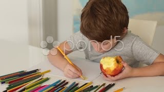 Funny Little Boy Sitting At Table And Drawing With Colored Pencils. Stock Footage