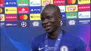 N'Golo Kanté reacts to winning the UEFA Champions League.