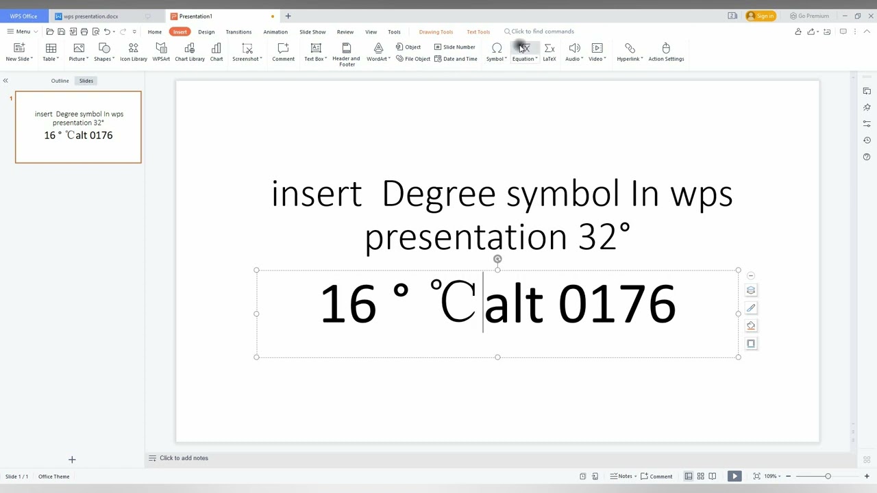 How to Insert Degree Symbol in wps presentation