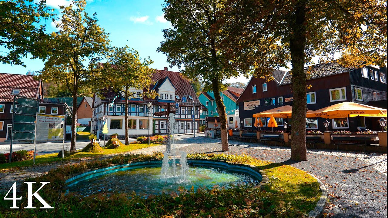 Sunny Autumn Walk in Mountain Town Altenau in Harz, Germany,  Nature Sounds to Relax, ASMR 4K