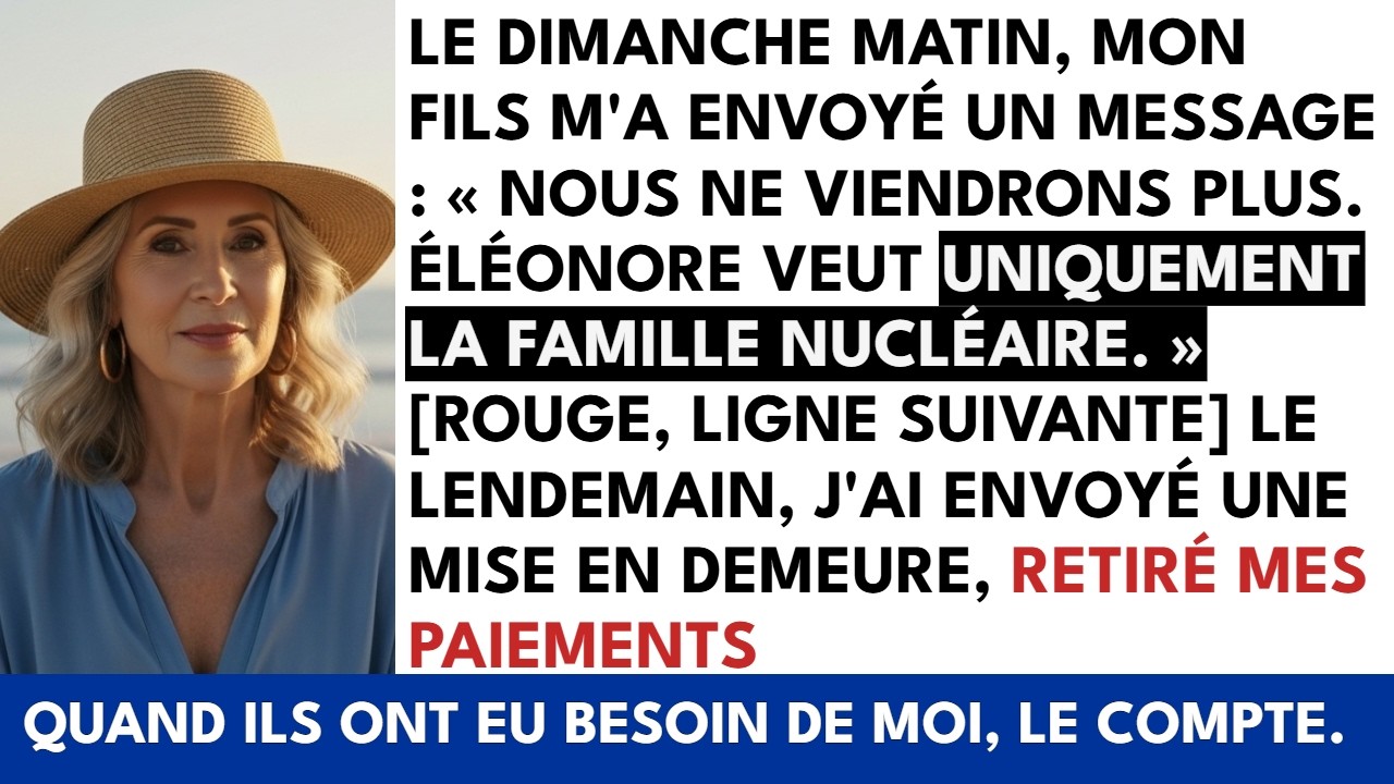 La mousse du matin passait encore dans l’air quand mon téléphone a vibré, ce fameux dimanche où le gigot d’agneau attendait six couverts et où mon fils, Florian, m’a écrit froidement : « Maman, on...