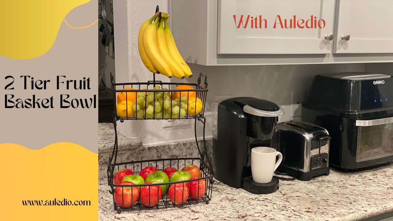 AULEDIO Fruit Basket, 2 Tier Fruit Bowl for Kitchen with Banana Hanger