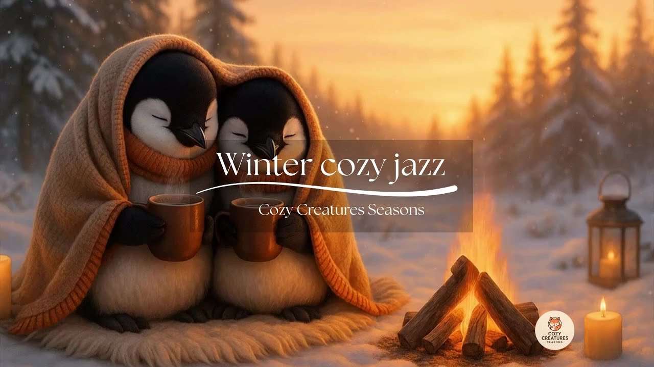 Cozy Winter Ambience ❄️ Penguins, Hot Chocolate & Warm Fire | Relaxing Sunset Snow Scene