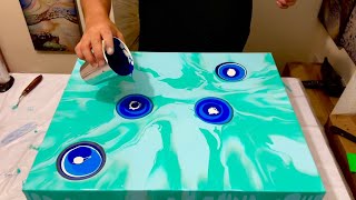 My BEST yet? STUNNING Movement! Turquoise + Blue liquid puddles. Acrylic Pouring Art Tutorial