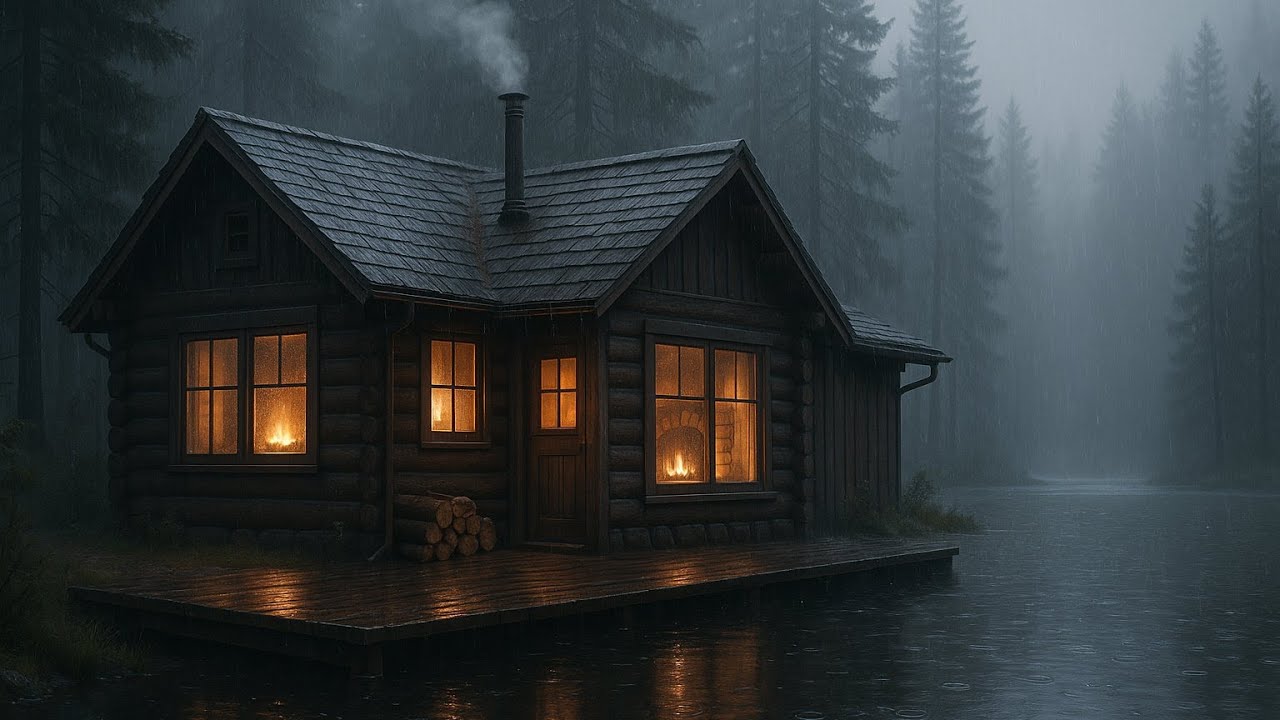 Rainy Day Cabin by the Lake | Cozy Fireplace & Rain Sounds for Sleep ...