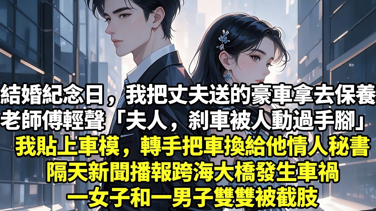 結婚紀念日，我把丈夫送的豪車拿去保養老師傅輕聲「夫人，刹車被人動過手腳」我貼上車模，轉手把車換給他情人秘書隔天新聞播報跨海大橋發生車禍一女子和一男子雙雙被截肢【現實情感】【豪門言情】【為人處世】