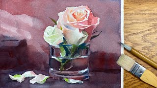 Watercolor painting of roses and glass