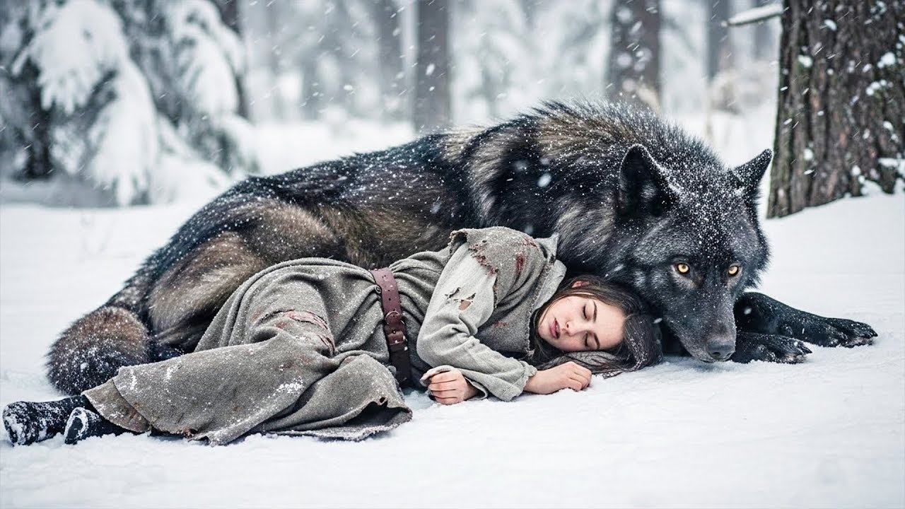 Sie Brach Nach Der Ablehnung Im Schnee Zusammen — Ein Schwarzer Wolf Wickelte Sich Wärmend Um Sie