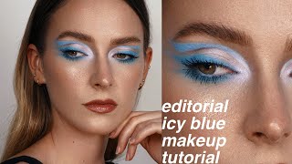 editorial icy blue makeup tutorial with gradient graphic liner