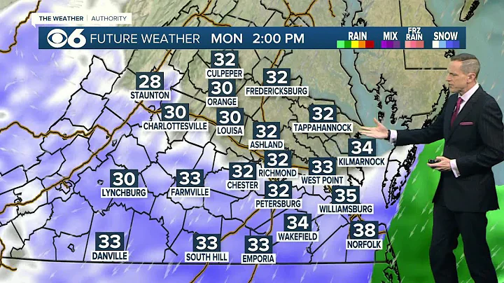 Updated hour-by-hour look at light snow in Virginia on Monday