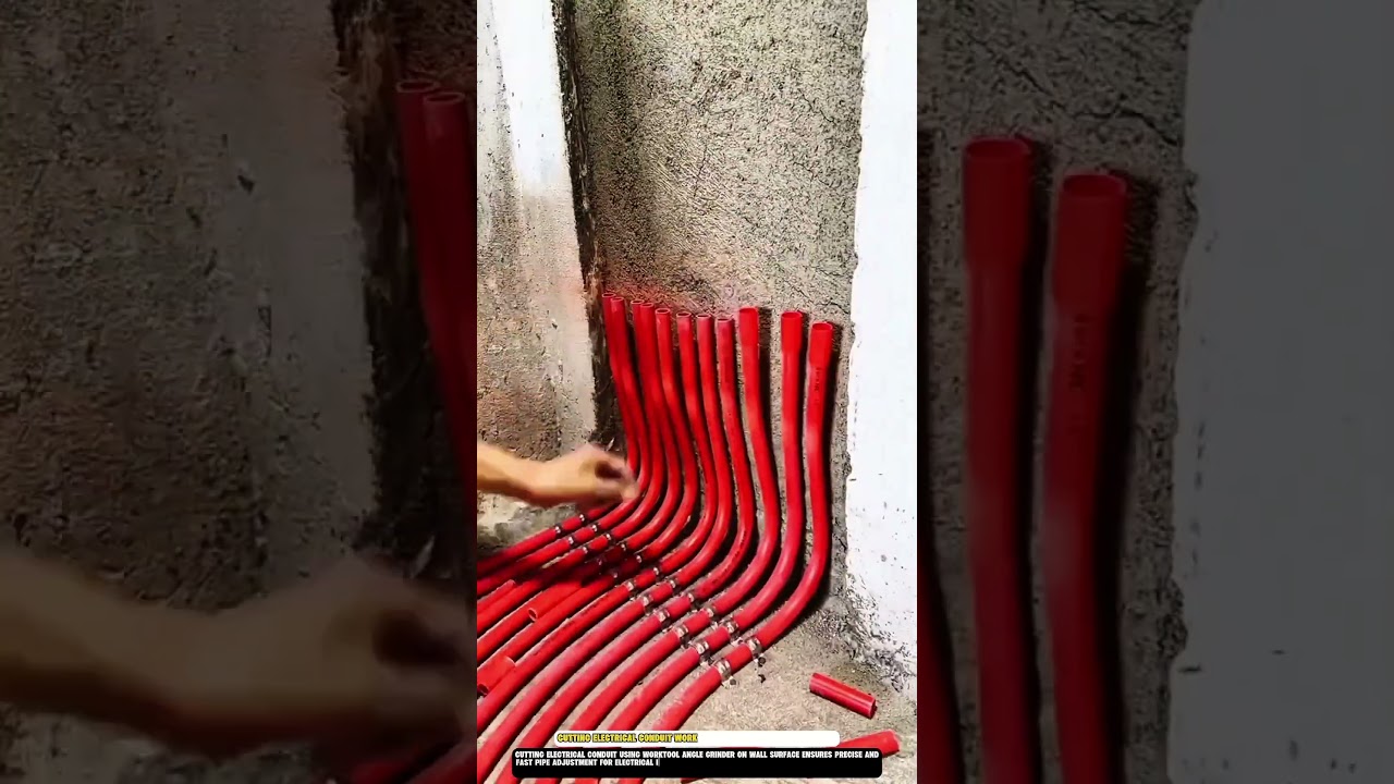 Cutting Electrical Conduit Worktool with Angle Grinder on Wall