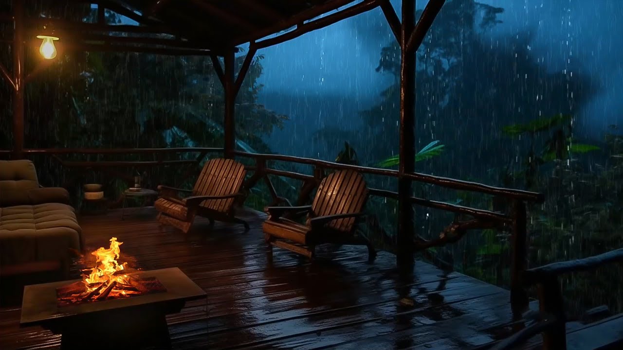 Treehouse Porch in the Rain: Thunder and Rain Sounds with Crackling ...