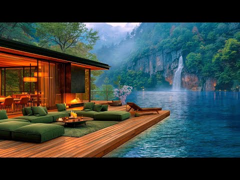 Soothing Jazz Piano Music in a Cozy Spring Porch by the Lake Ambience with Relaxing Fireplace Sounds