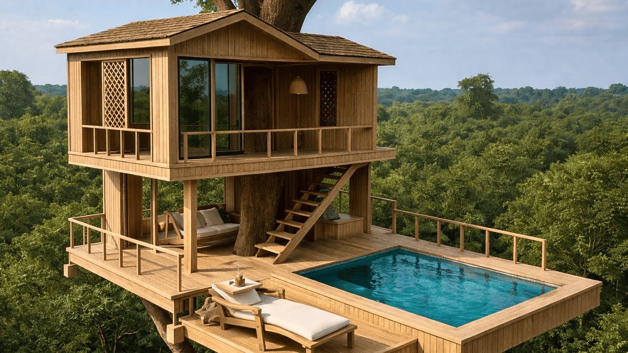 Real Life Building Secret Modern Treehouse Private Pools Next in Jungle In 69Day